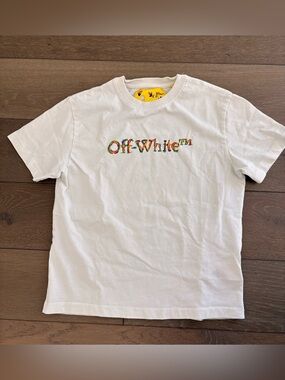 Off-White Kid’s White Crewneck Tee with Multicolor Logo